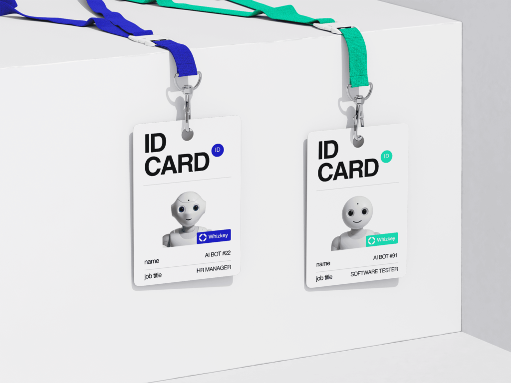 Two futuristic ID cards labeled with AI bots as HR Manager and Software Tester, symbolizing how Large Language Models (LLMs) transform organizations with Whizkey in Kuwait and the GCC.