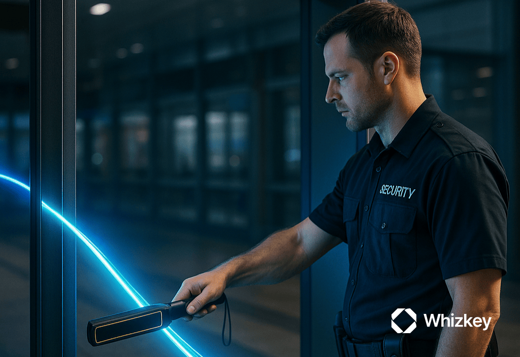 Security officer scanning a glowing turquoise light beam with a handheld device in a modern checkpoint setting, symbolizing AI guardrails, privacy checks, and responsible deployment.