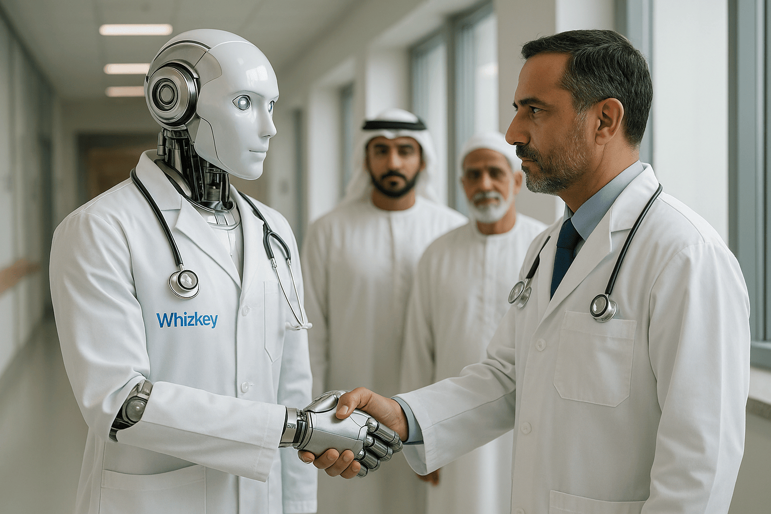 Symbolic image of AI and human doctors collaborating in a hospital, representing WhizKey’s advanced healthcare software development in Kuwait