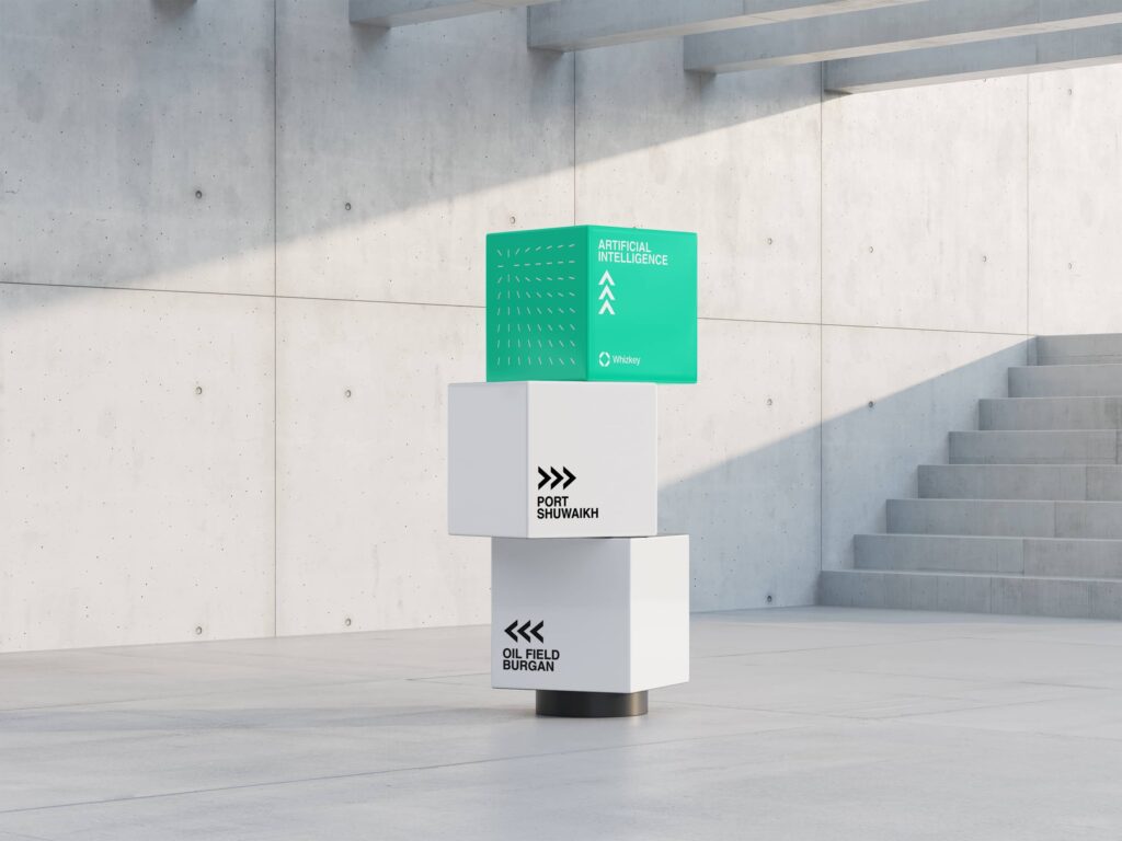 Modern signage showcasing AI, Port Shuwaikh, and Oil Field Burgan, symbolizing Kuwait’s energy and logistics transformation using chatbots & AI.