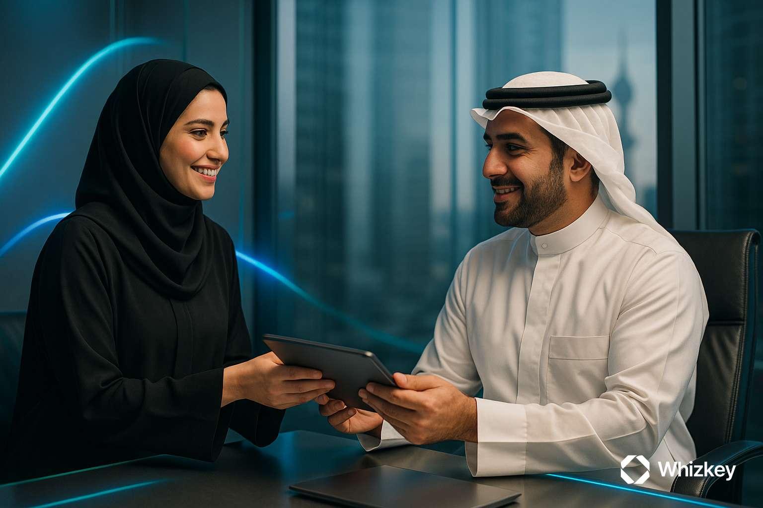 Kuwaiti employee presenting digital file to boss symbolizing AI-driven BPS compliance