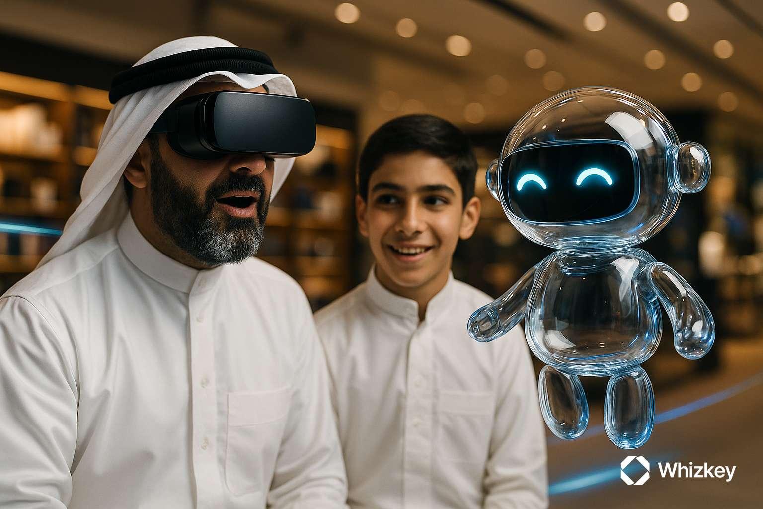 Kuwaiti man with VR headset and son interact with glass chatbot in retail store