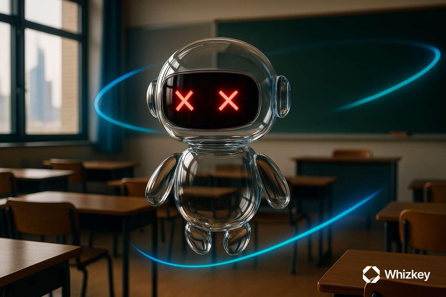 Transparent glass chatbot with red X eyes floating in a Kuwaiti classroom