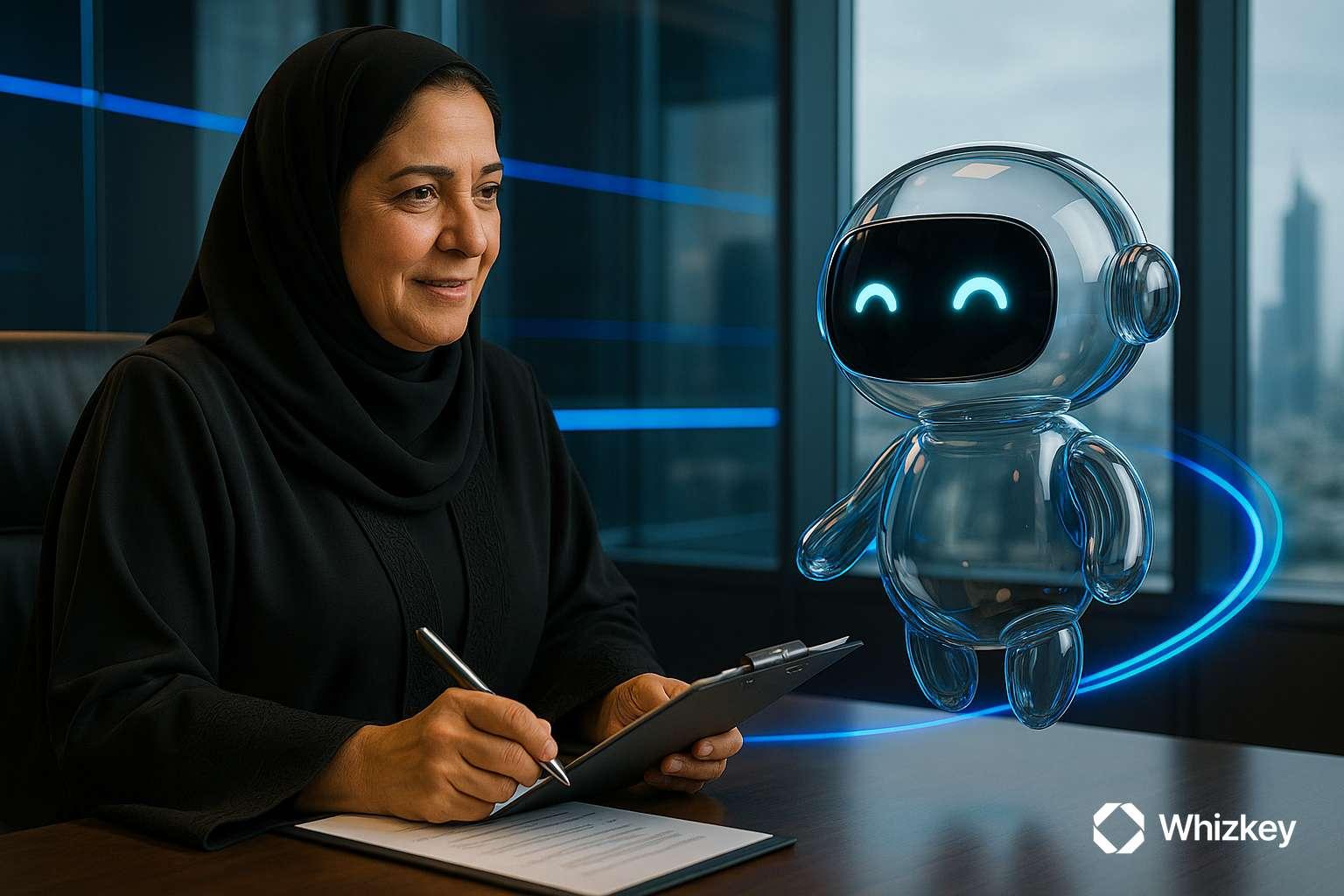 AI chatbot assisting Kuwaiti telecom executive with vendor checklist in office