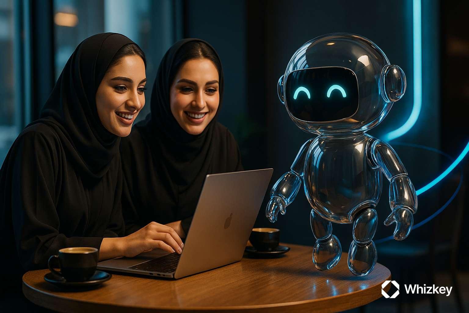 Glass chatbot assisting Kuwaiti women in coffee shop with e-commerce purchase
