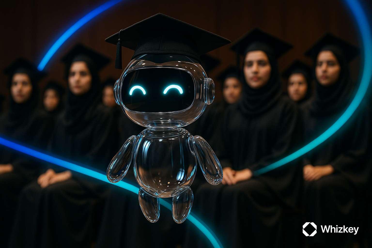 Transparent glass chatbot with graduation cap at Kuwait student ceremony