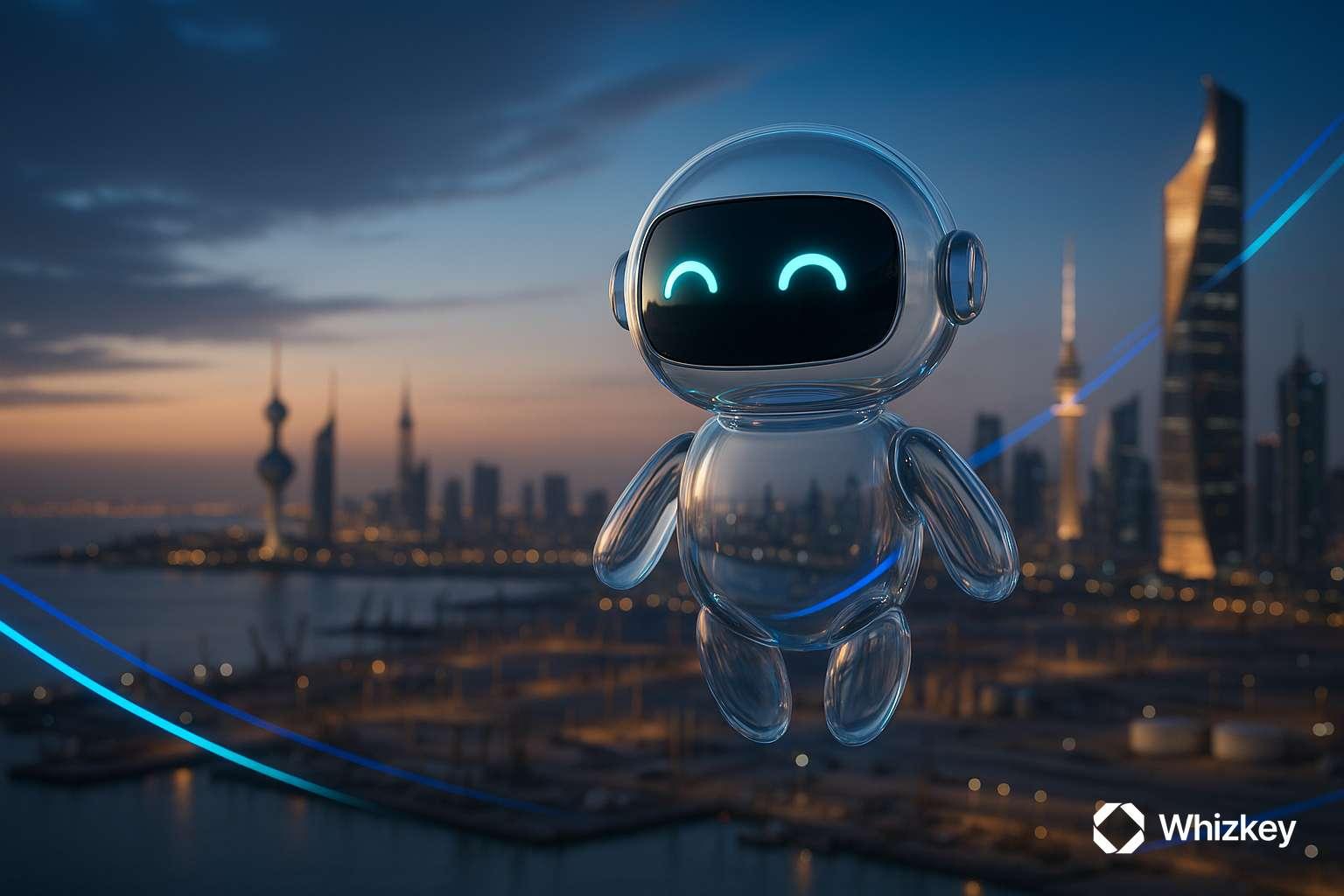 Glass chatbot levitating over Kuwait skyline with oil fields and port, symbolizing AI transformation in energy and logistics.