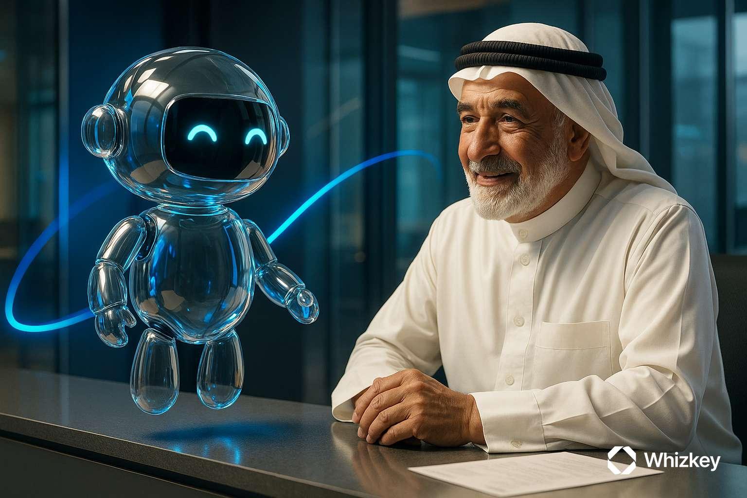 Photorealistic glass chatbot explaining utility bill to elderly Kuwaiti man in national dress at office counter