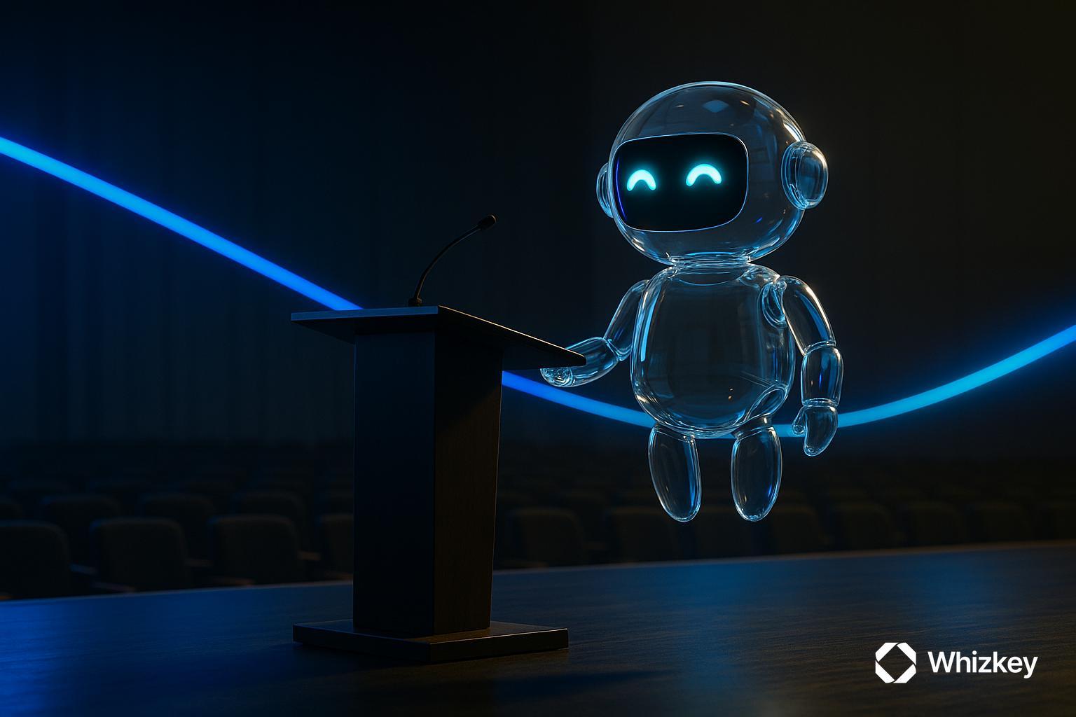 AI chatbot giving seminar on stage in auditorium about sustainability and energy efficiency programs in Kuwait utilities