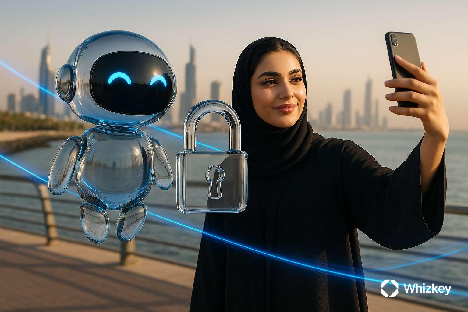 AI chatbot with Kuwaiti teenager selfie, glass lock symbolizing telecom security