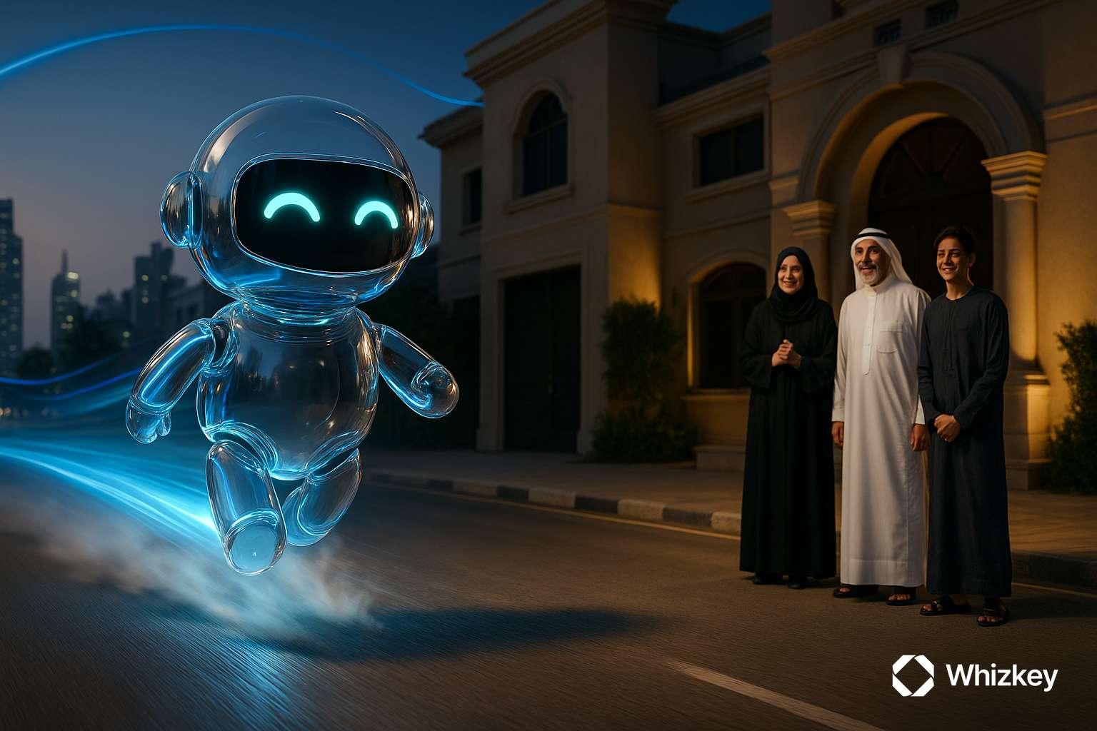 Transparent glass chatbot racing to Kuwaiti family outside villa during power outage