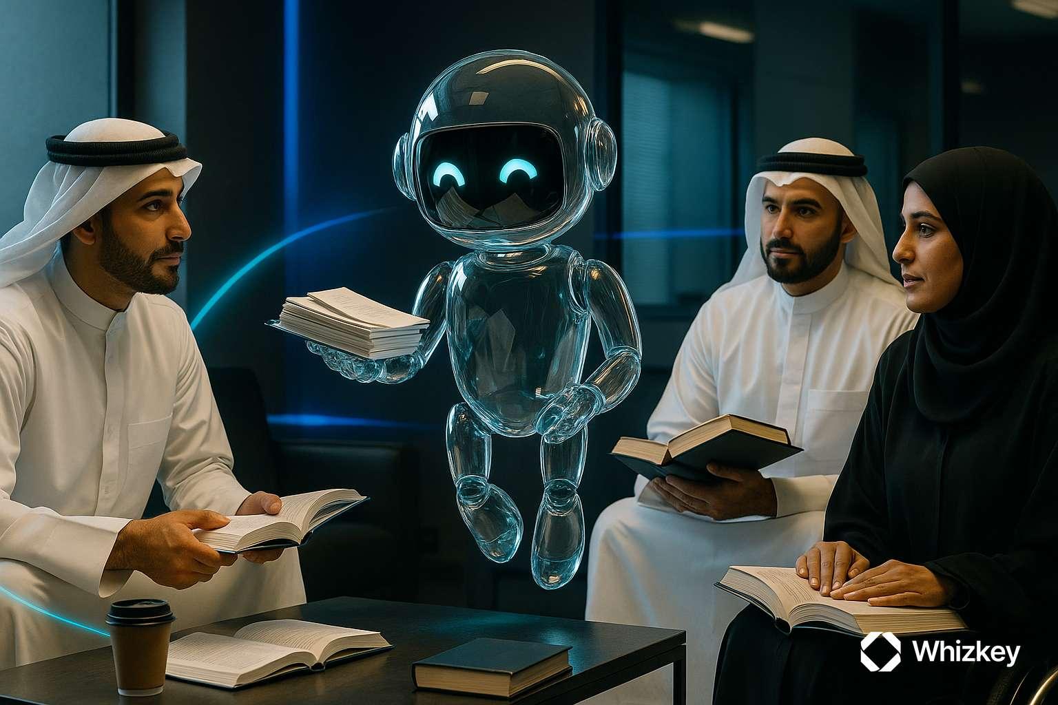 Glass chatbot delivering research papers to Kuwaiti teachers in modern staff room