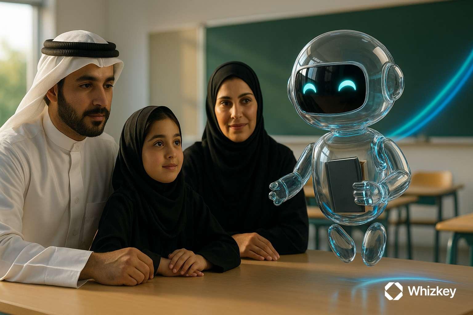 Glass chatbot advising Kuwaiti parents and daughter in morning classroom meeting
