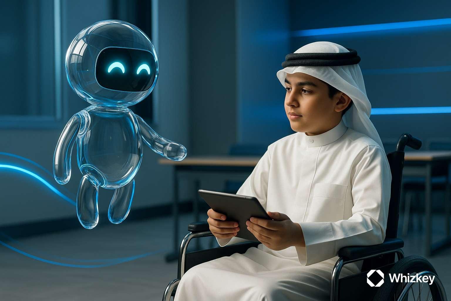 Glass chatbot teaching young Kuwaiti student in wheelchair using tablet in modern classroom