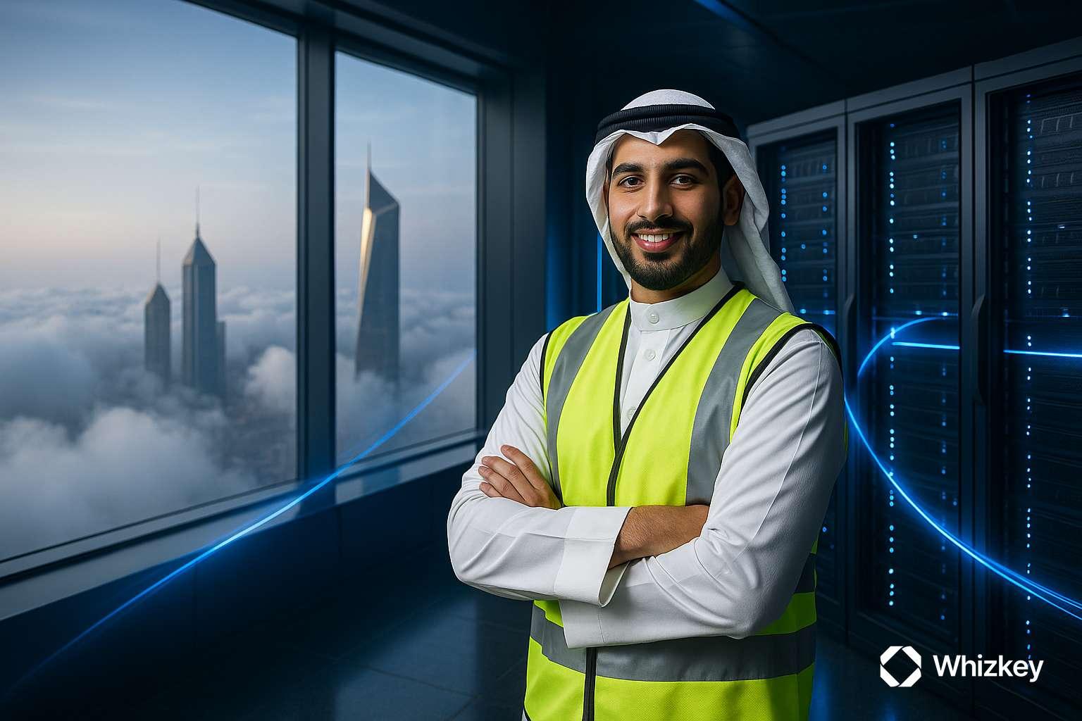Kuwaiti engineer in data center with city skyline above clouds showcasing cloud-native elasticity