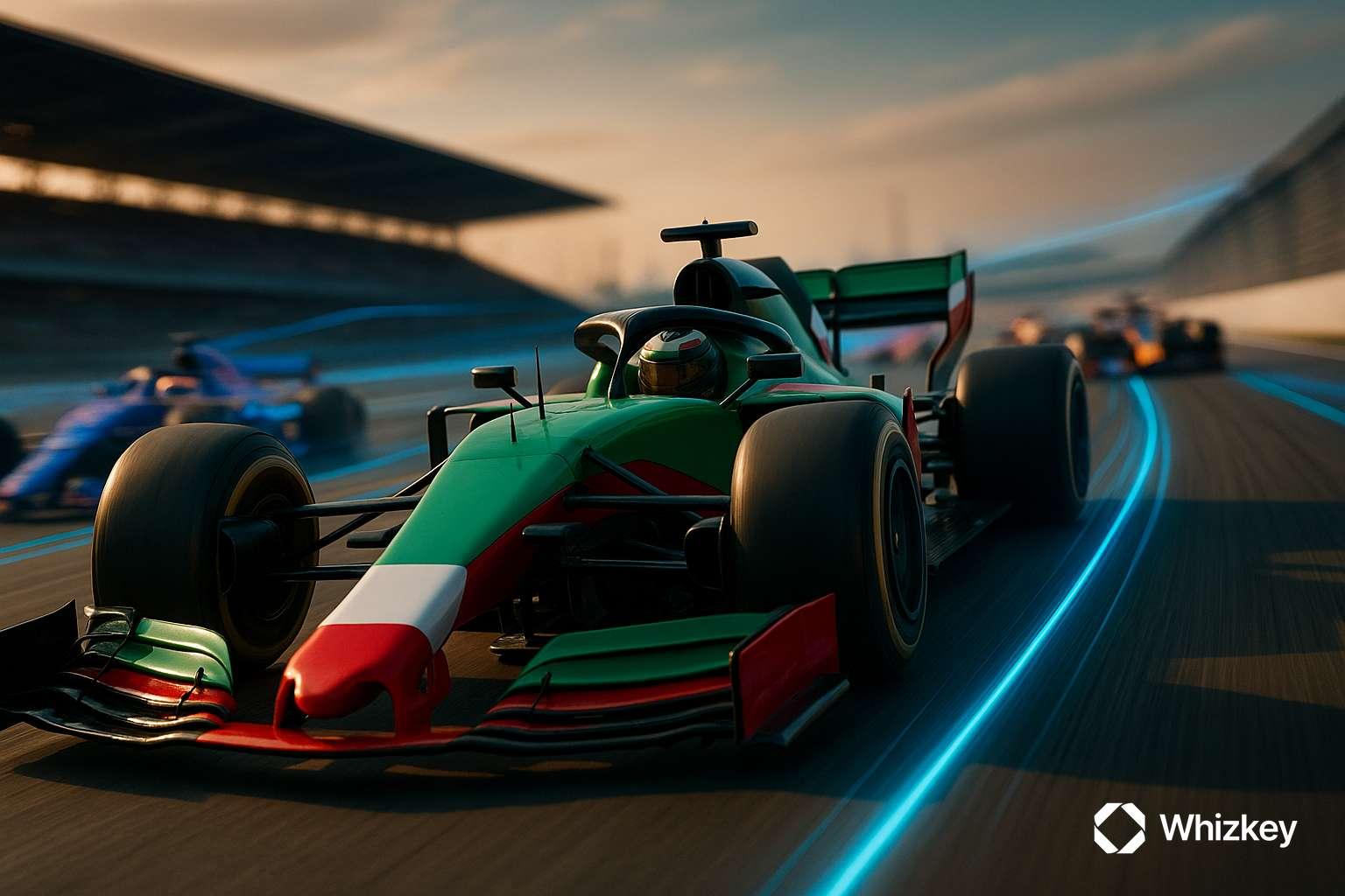Kuwaiti F1 car leading ahead of competitors symbolizing early movers in digital transformation