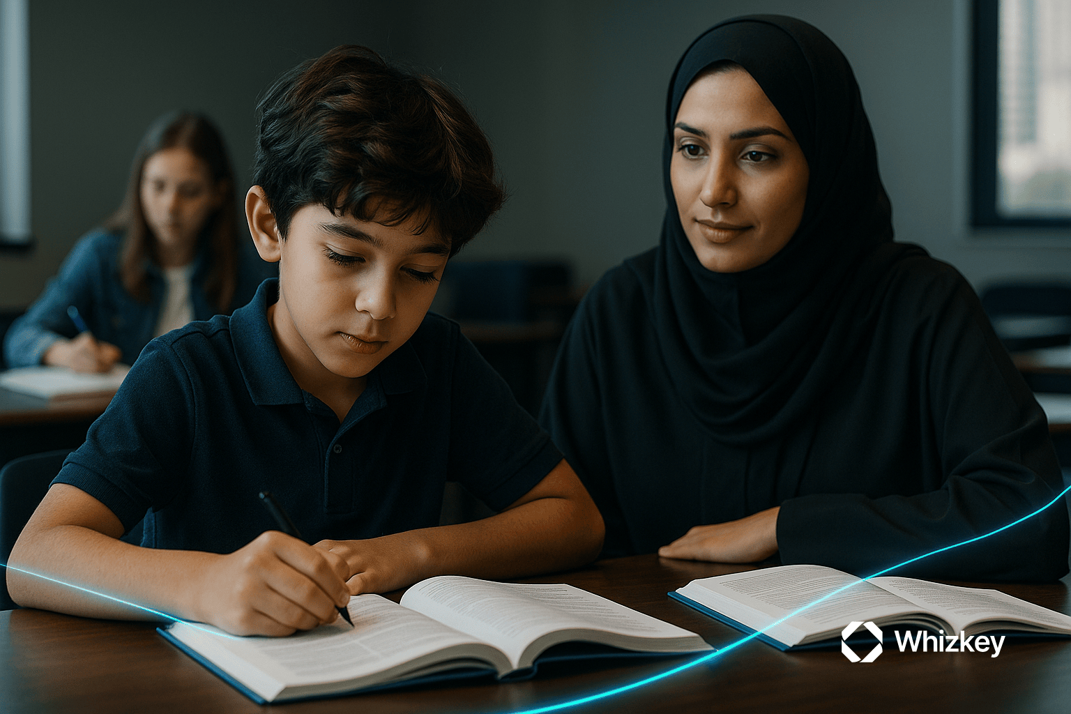 Middle Eastern student studying in class with guidance from a woman in abaya, illuminated by a subtle turquoise light stream symbolizing AI-powered personalized education.