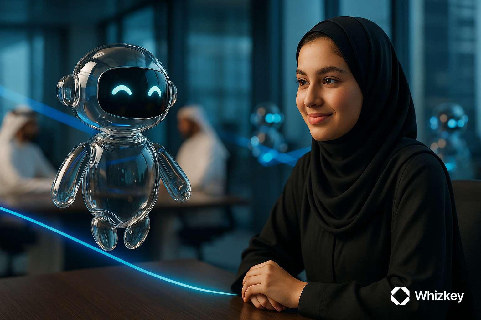 Glass AI chatbot interacting with young Kuwaiti woman in office setting
