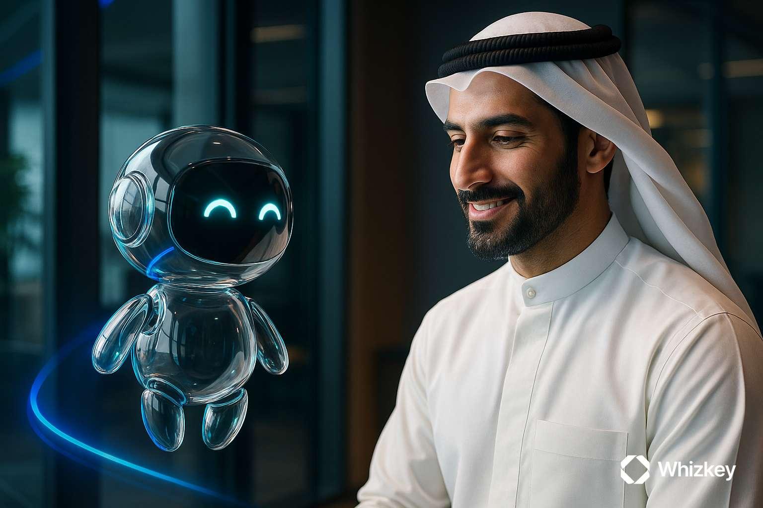 AI chatbot interacting with Kuwait employee in office showing empathy-driven response