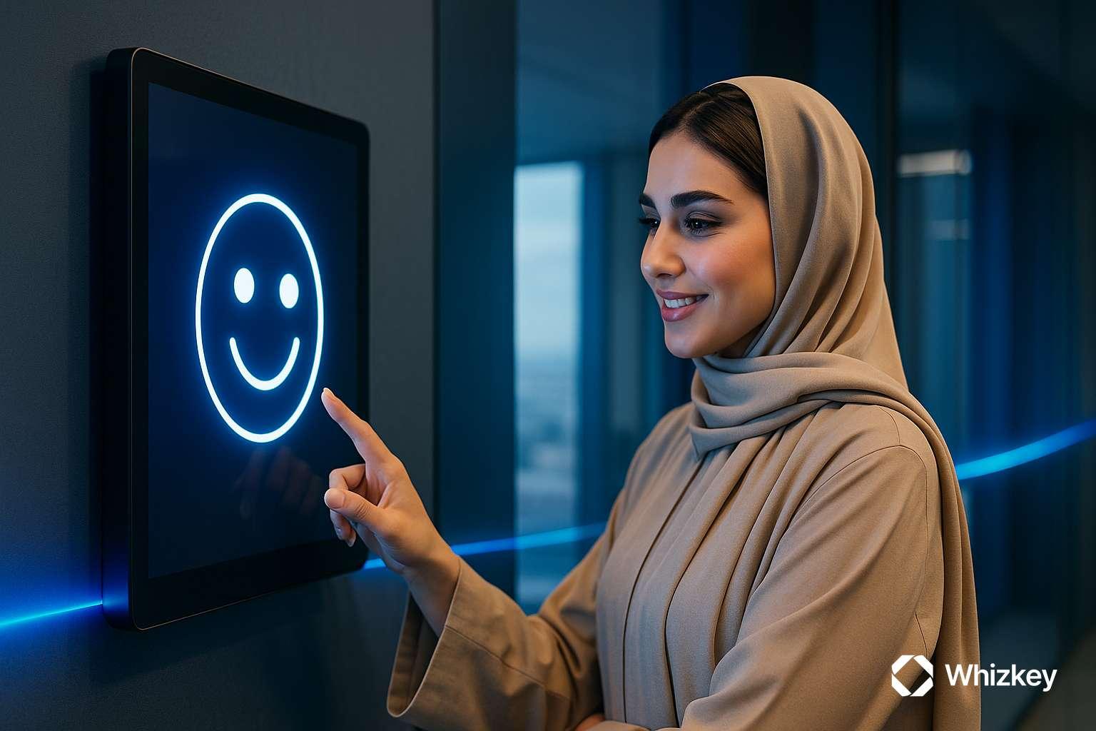 Kuwaiti employee interacting with empathy-driven digital interface on wall screen