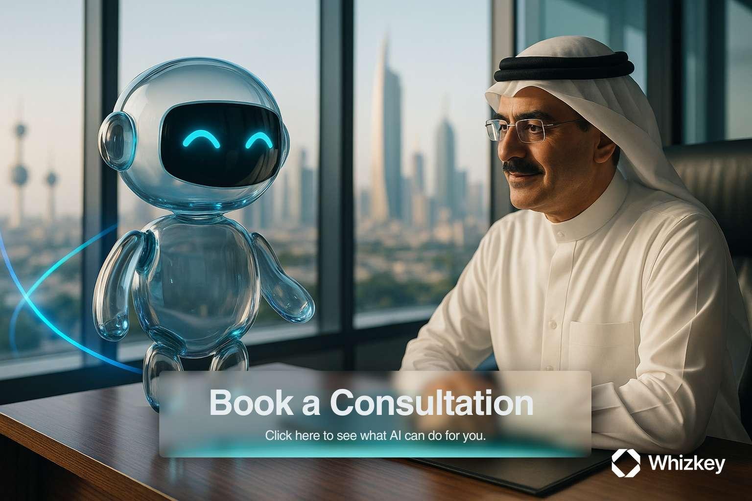AI chatbot interacting with Kuwaiti executive in office overlooking Kuwait skyline morning