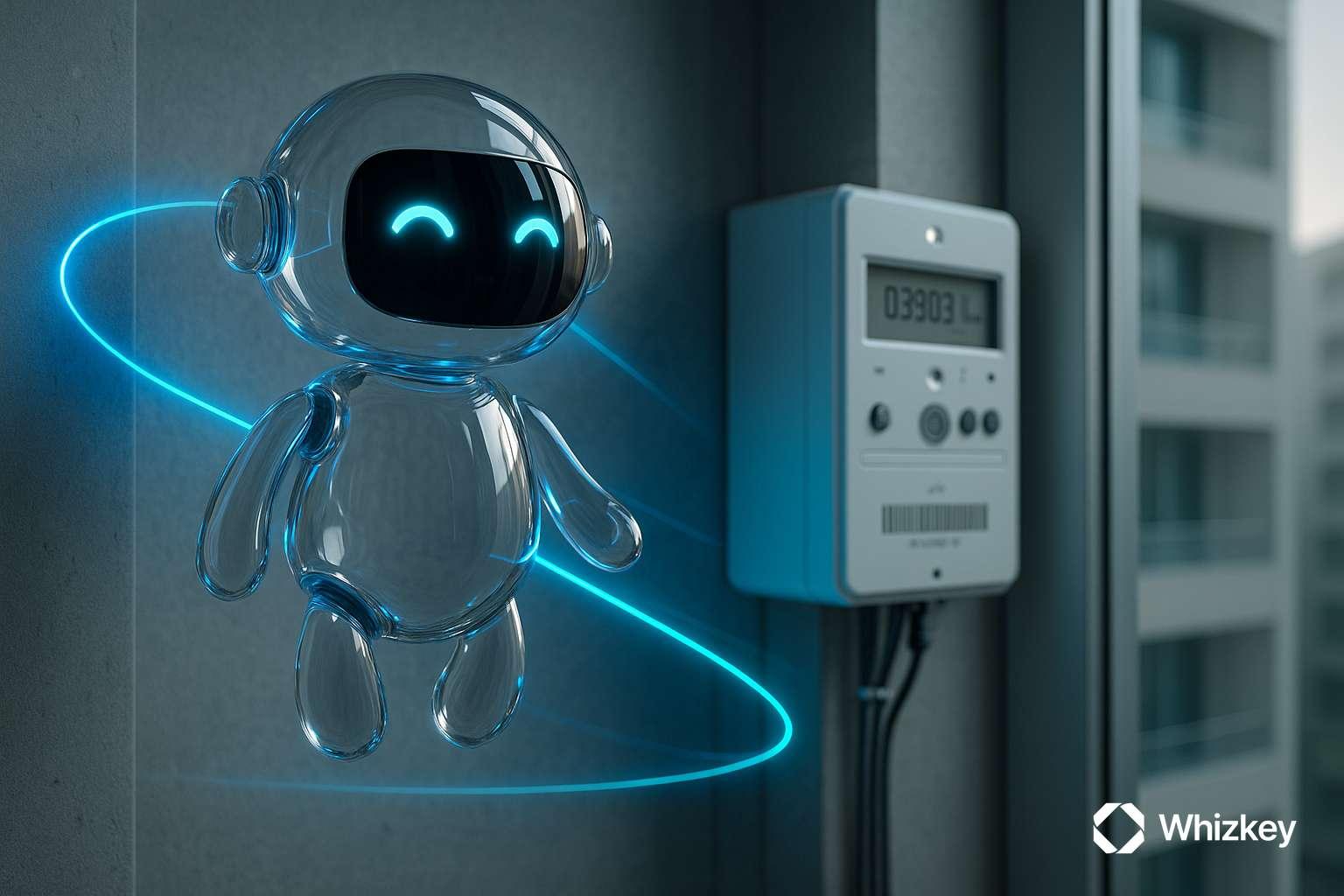 Photorealistic glass chatbot floating near smart electricity meter inside residential tower, symbolizing why chatbots as essential for Kuwait's utilities