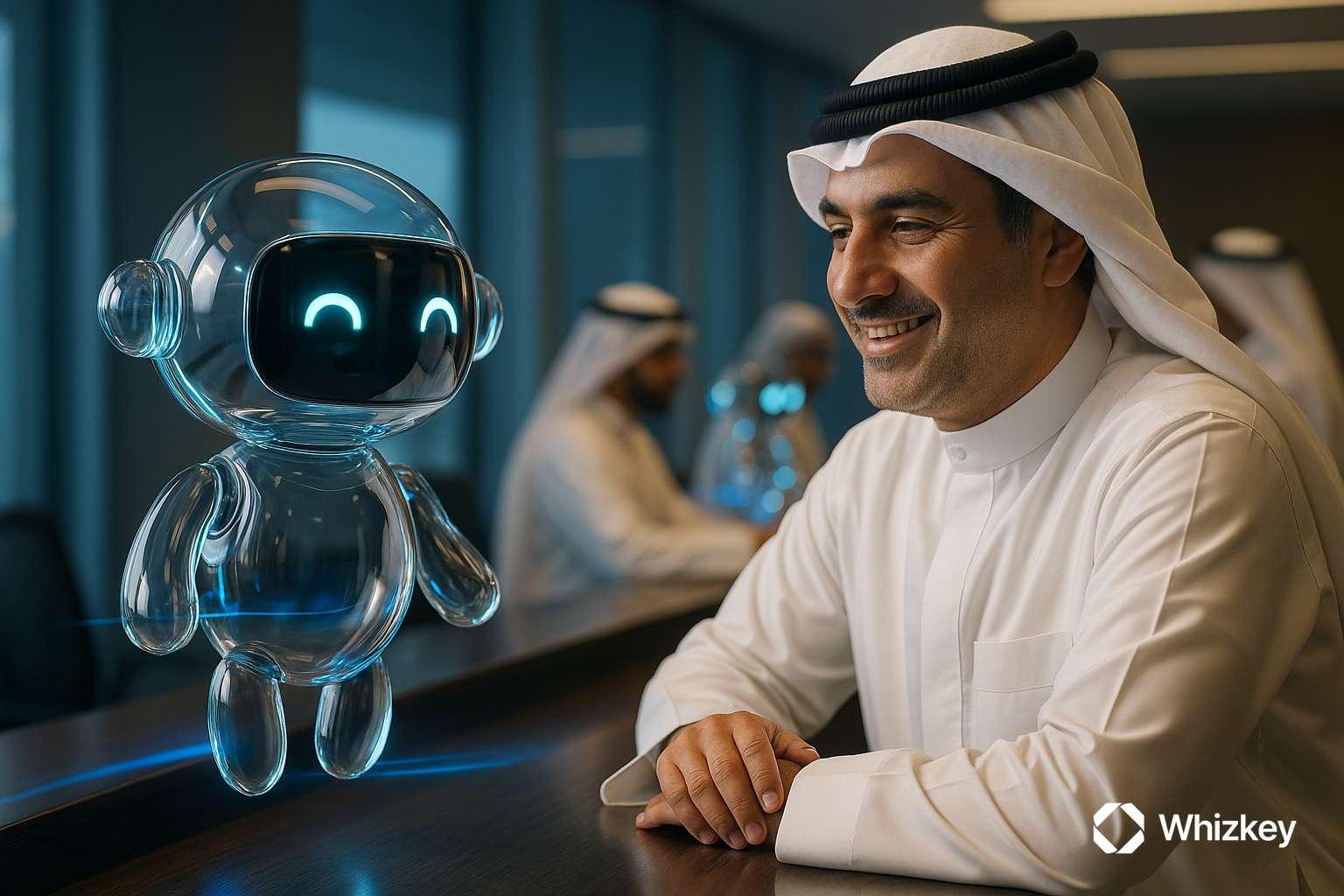 AI chatbot assisting Kuwaiti man in national dress at office counter, symbolizing technology enablers
