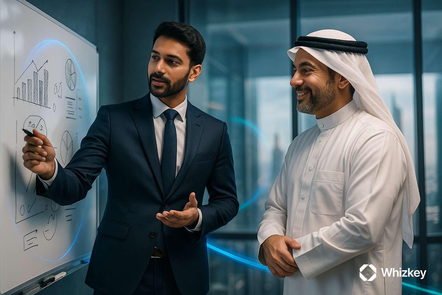 Indian executive explaining software strategies to Kuwaiti executive on whiteboard