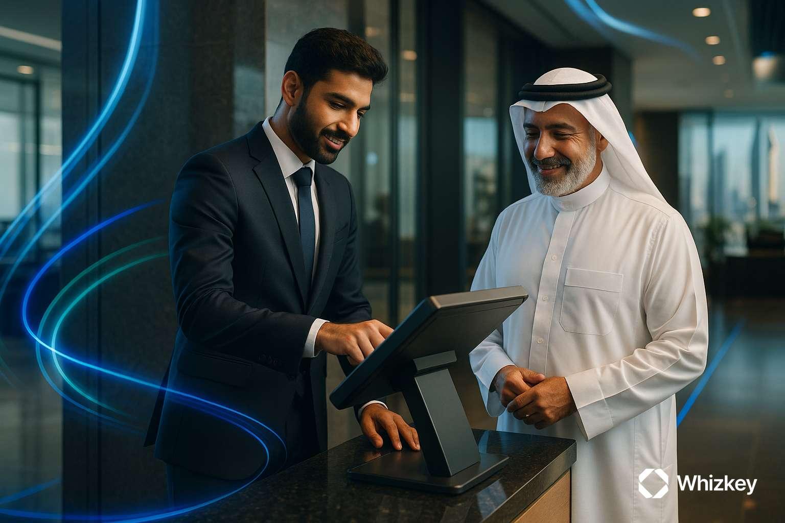Indian engineer assisting Kuwaiti citizen with digital kiosk to streamline customer journeys