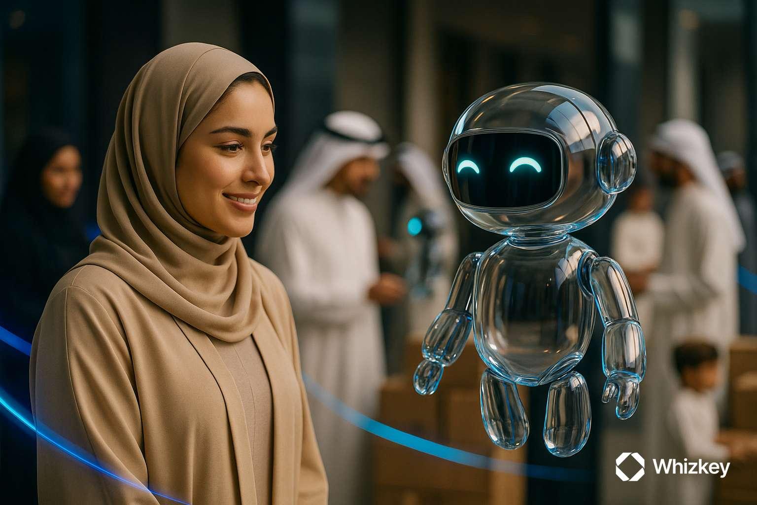 Photorealistic glass chatbot assisting a young Kuwaiti woman in beige abaya, symbolizing hyper-personalized AI in retail