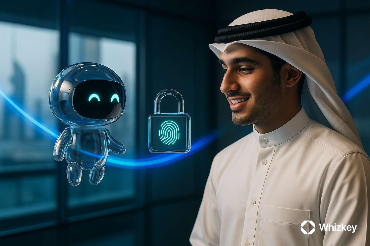 Kuwaiti man interacting with glass chatbot and biometric security lock in corporate setting
