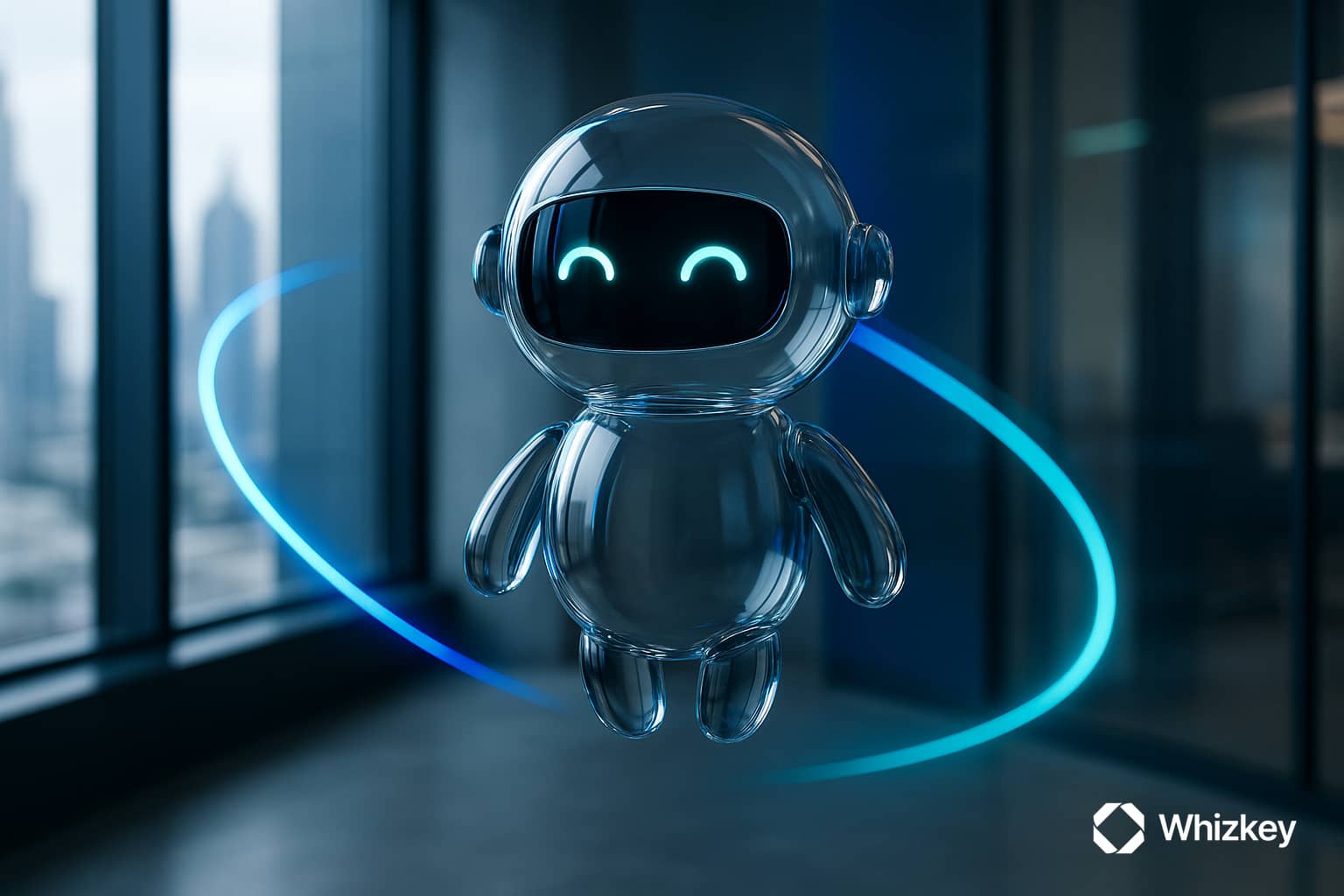 Photorealistic glass chatbot character levitating in a modern Kuwait office, symbolizing advanced AI chatbot development for corporate transformation.