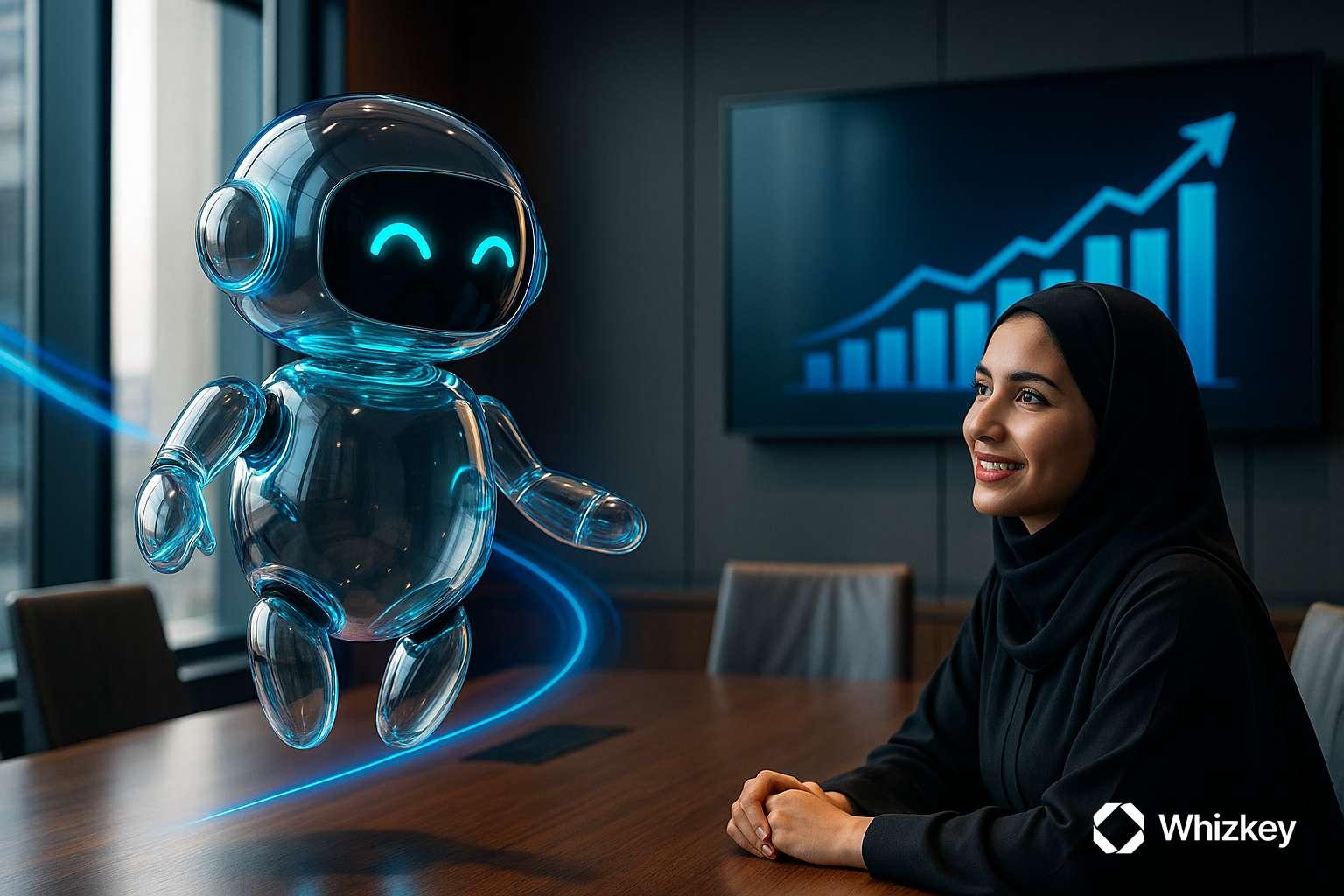Kuwaiti professional with AI HR chatbot analyzing predictive workforce analytics
