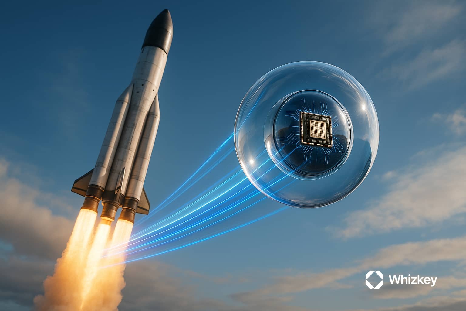 A realistic rocket launches skyward with fiery exhaust, while a transparent glossy orb containing a microprocessor floats alongside, with blue and turquoise beams wrapping into the combustion trail.