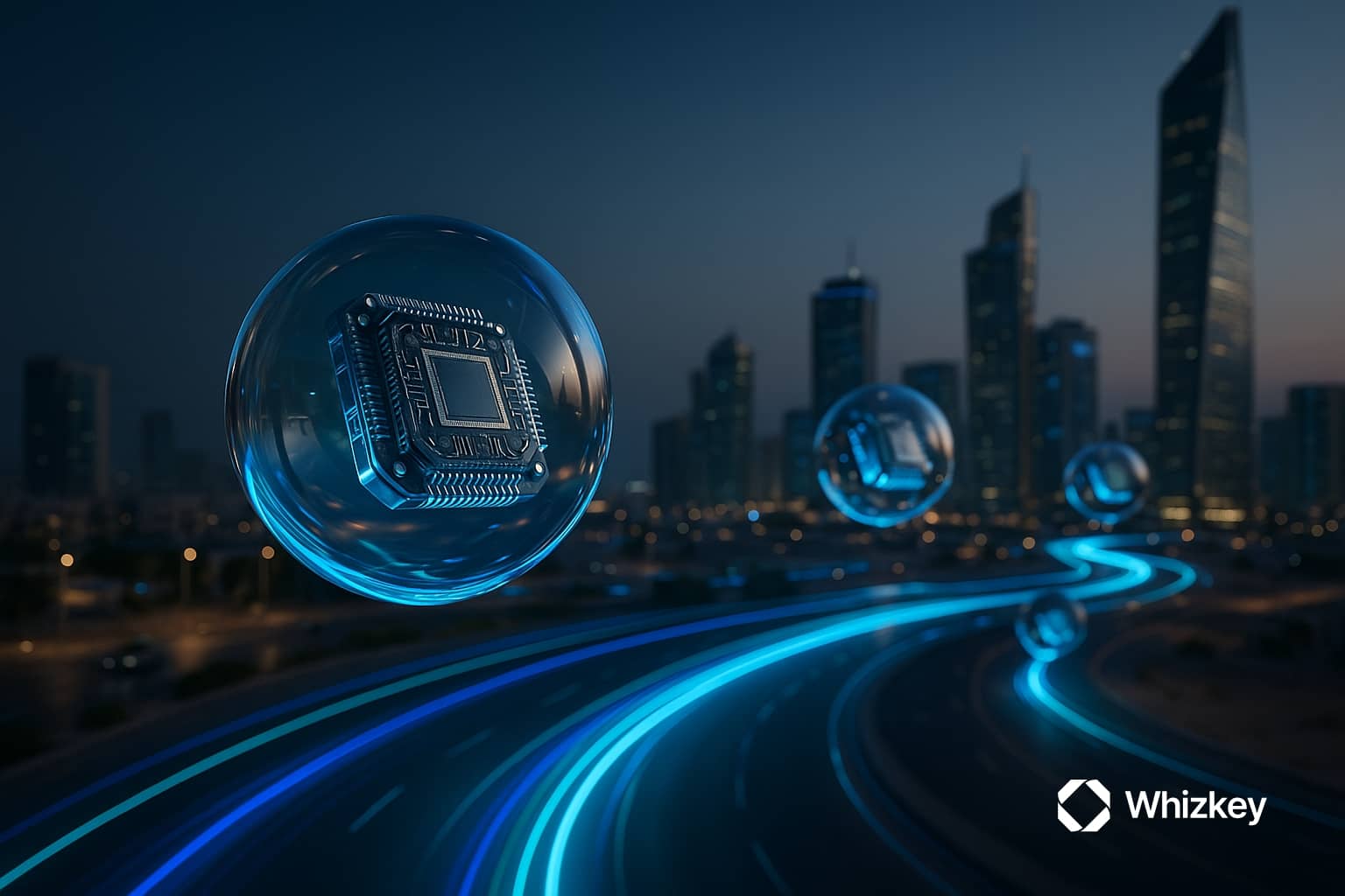 Multiple levitating glass orbs with microprocessors float above Kuwait’s cityscape, connected by glowing blue and turquoise light beams running seamlessly along the roads, symbolizing the future of Agentic AI in the next decade. 