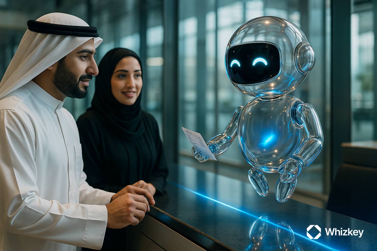 Glass chatbot levitating at a Kuwait airport check-in counter holding a boarding pass, assisting travelers in national dress.