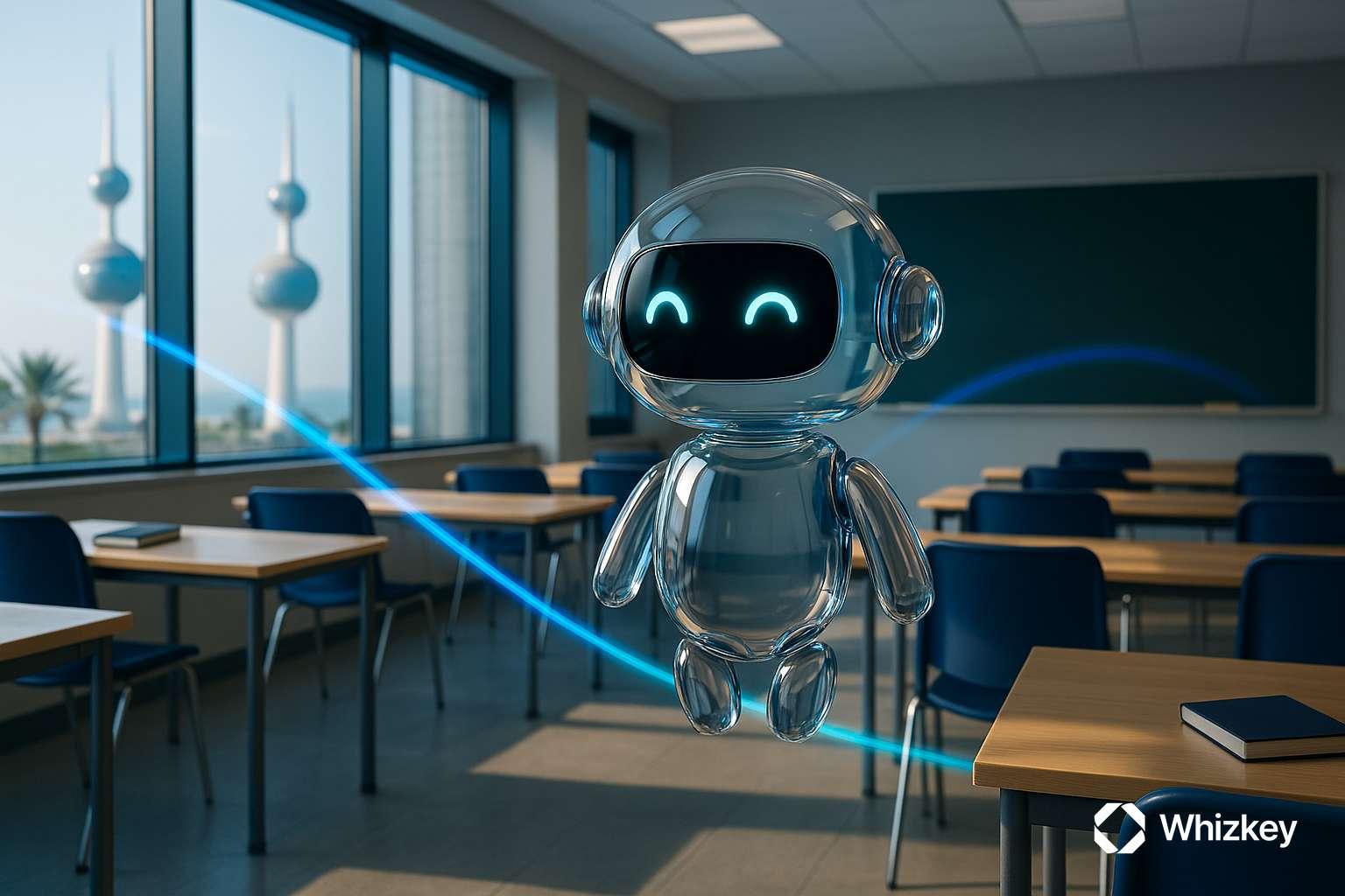 Transparent glass chatbot levitating in a modern Kuwaiti classroom with Kuwait Towers view
