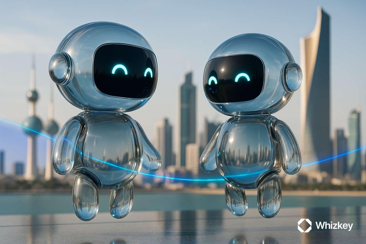 Two AI chatbots interacting in front of the Kuwait City skyline, symbolizing enterprise AI service bots.