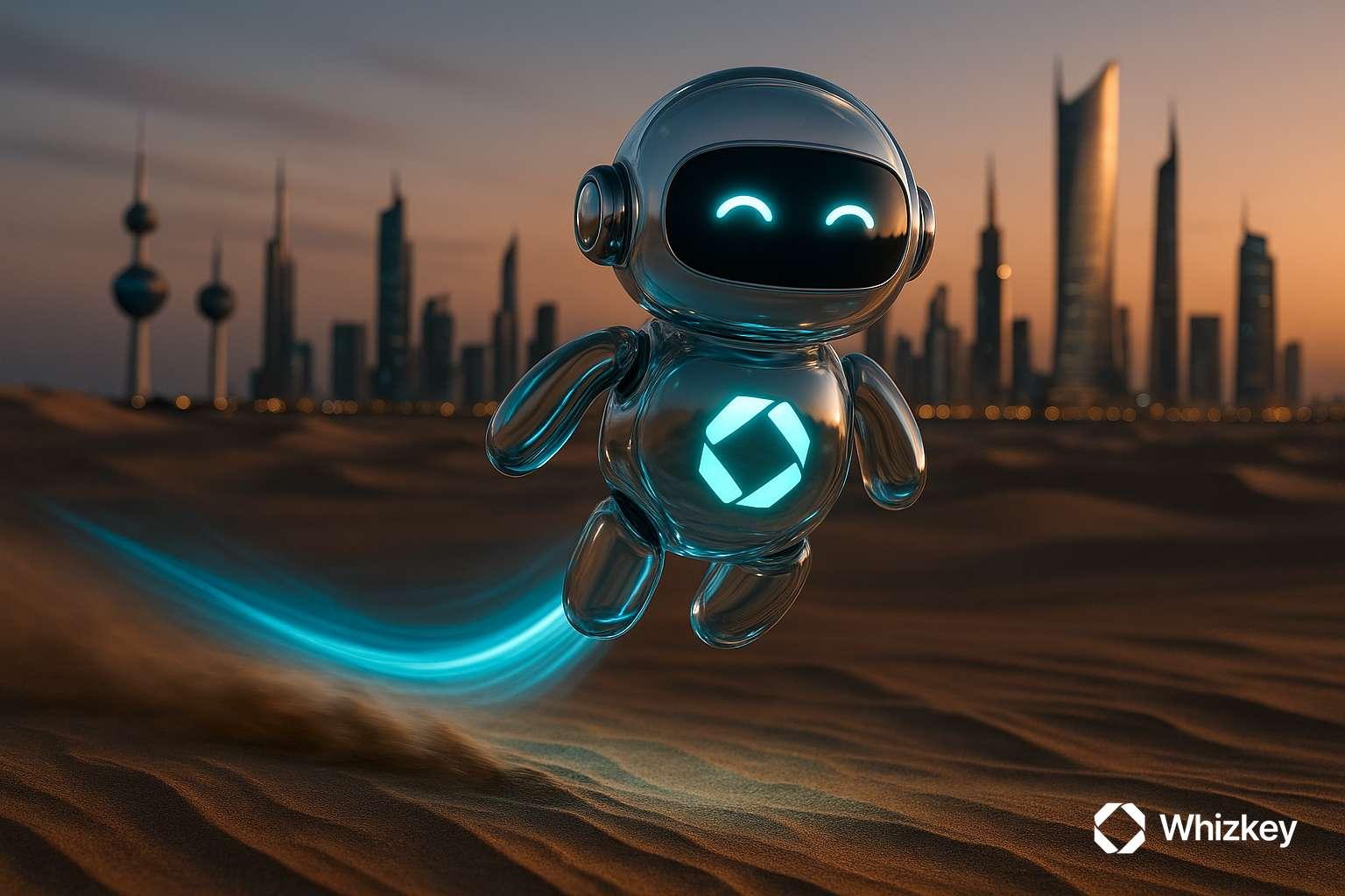 Transparent glass chatbot racing above Kuwait desert with skyline backdrop and glowing Whizkey logo