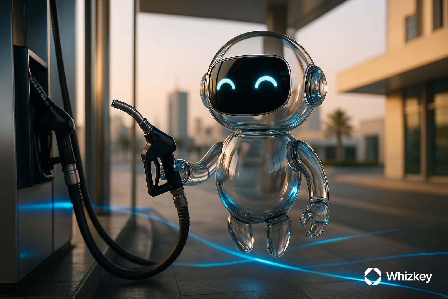 Glass chatbot levitating at a Kuwait gas station holding a fuel nozzle, symbolizing AI-driven oil and gas services.