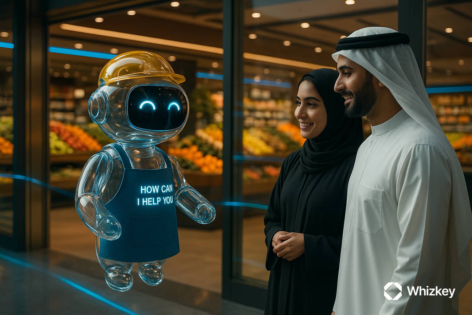 Glass chatbot levitating at a Kuwait mall grocery entrance wearing a help apron, assisting customers in traditional attire.