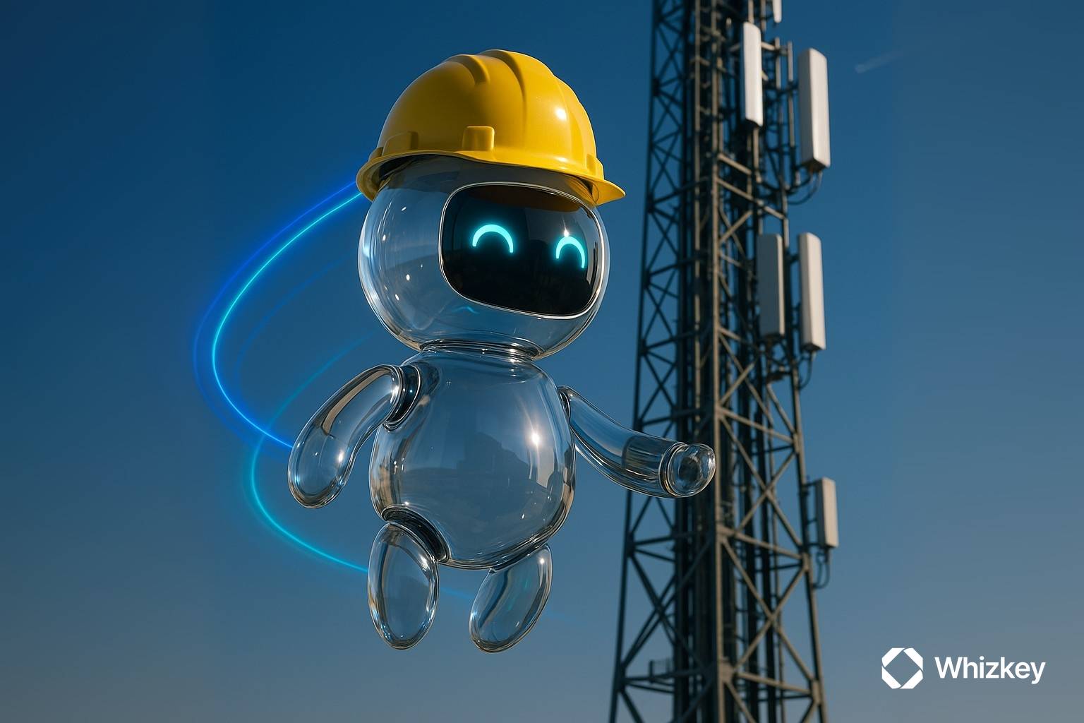 Glass chatbot wearing a yellow safety cap levitating near a Kuwaiti telecom tower with subtle blue light trails, symbolizing AI in telecom services.