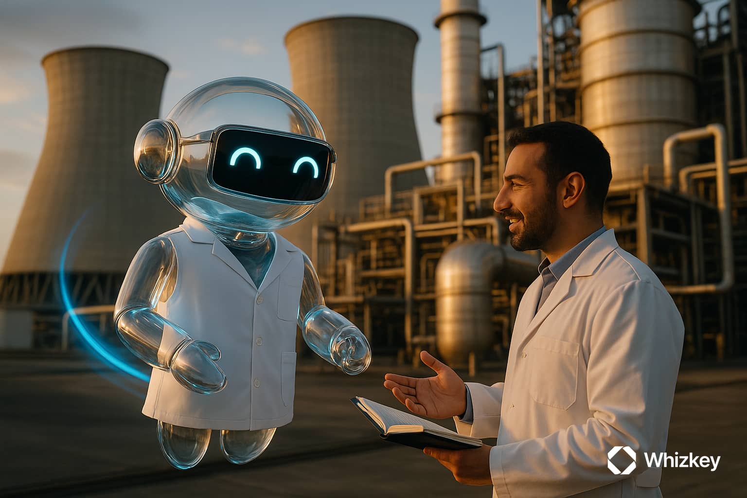 Glass chatbot wearing a lab coat levitating at a Kuwait power plant, interacting with an engineer in a lab coat.