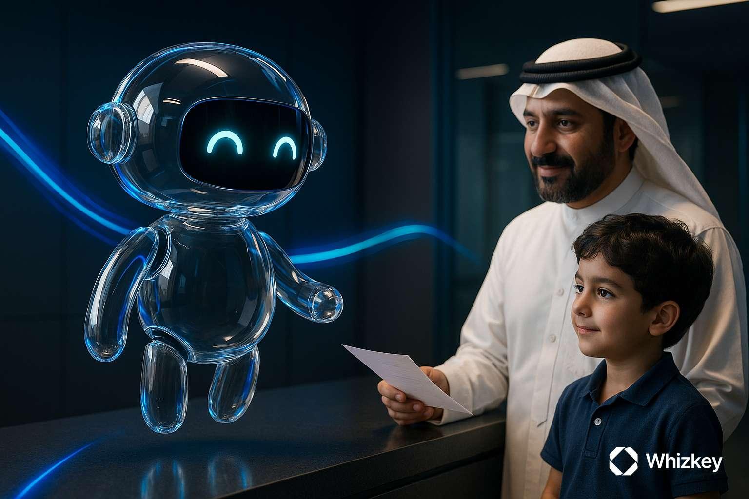AI healthcare chatbot providing bill to Kuwaiti father and young son at hospital counter