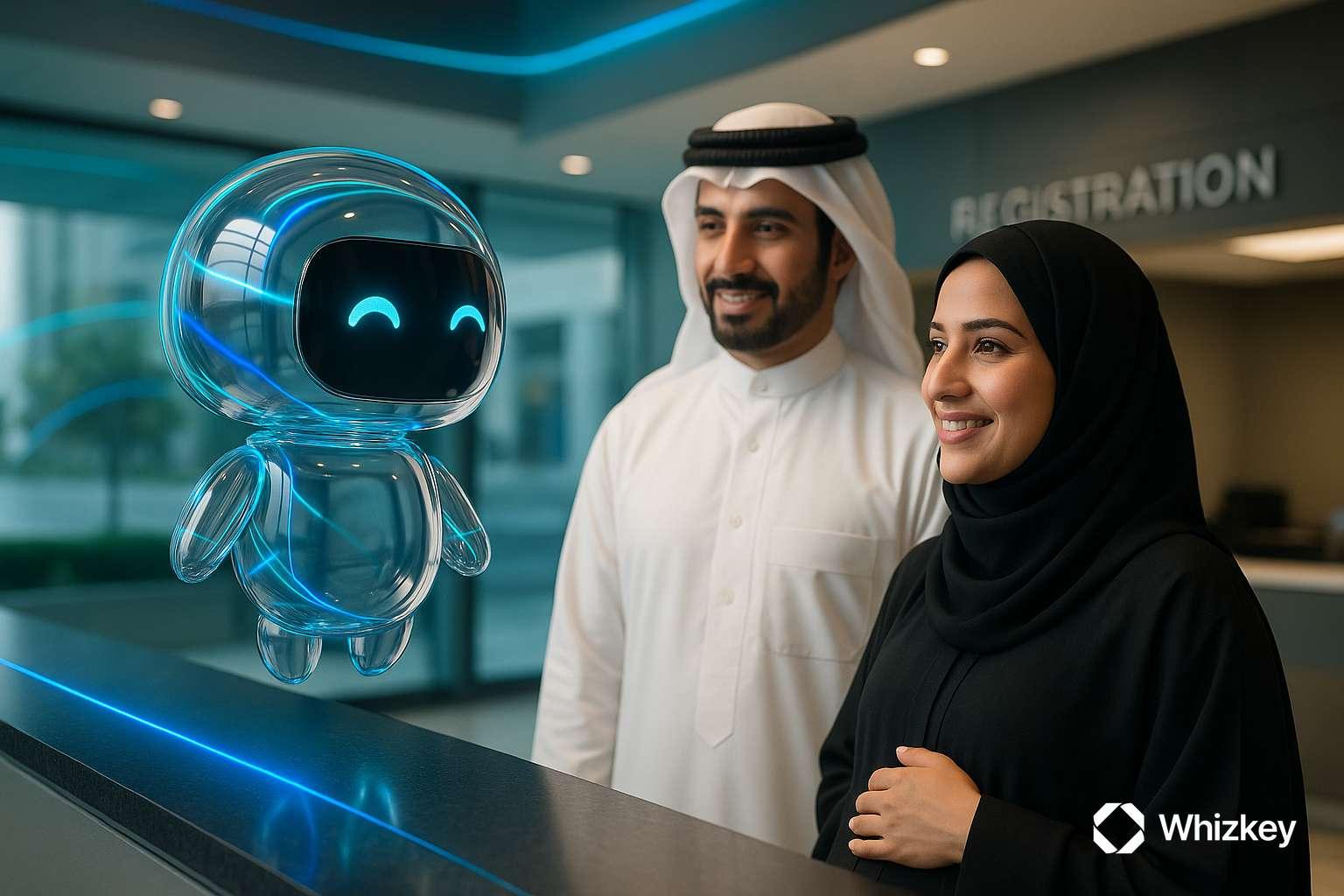 AI healthcare chatbot assisting Kuwaiti couple at hospital registration counter