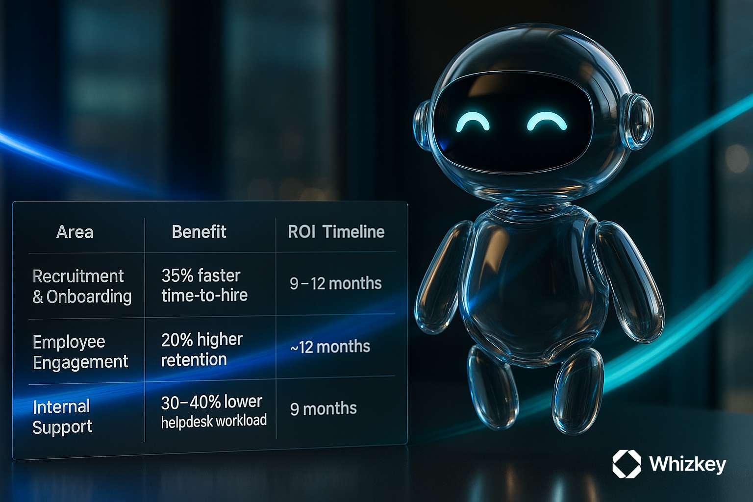 Infographic with AI chatbot showing HR ROI in recruitment, employee engagement, and support in Kuwait