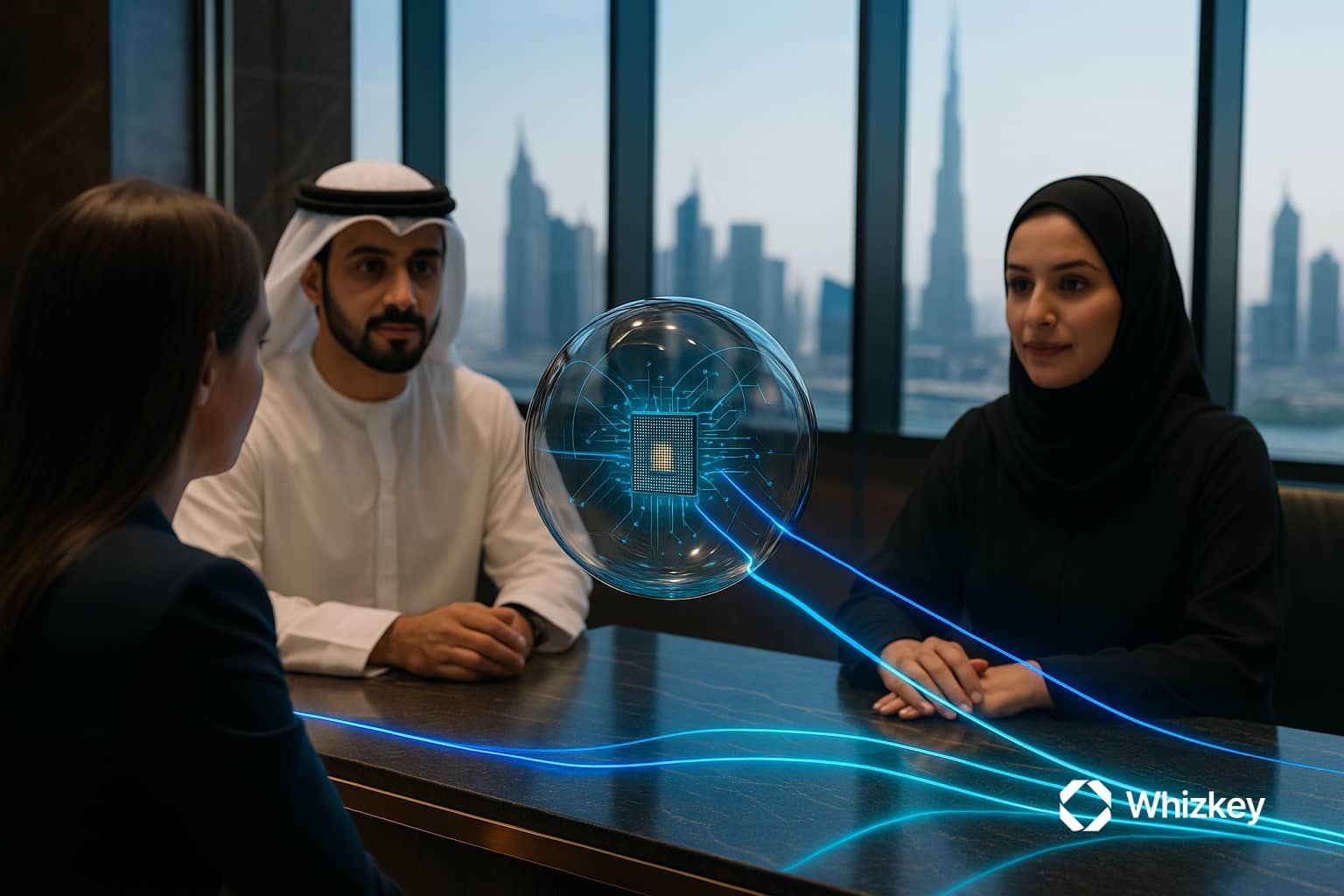 Floating glass orb with circuitry hovering above a desk in a Dubai office, interacting with clients and emitting glowing blue and turquoise light trails.