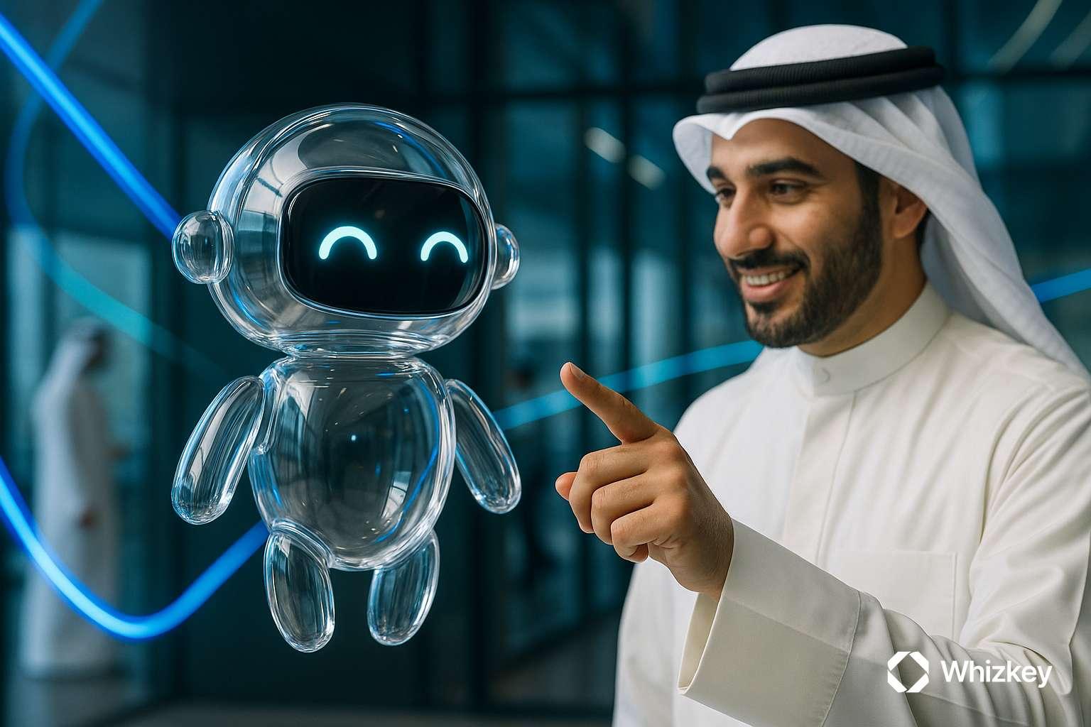 Kuwaiti banker interacting with transparent glass AI chatbot in modern office