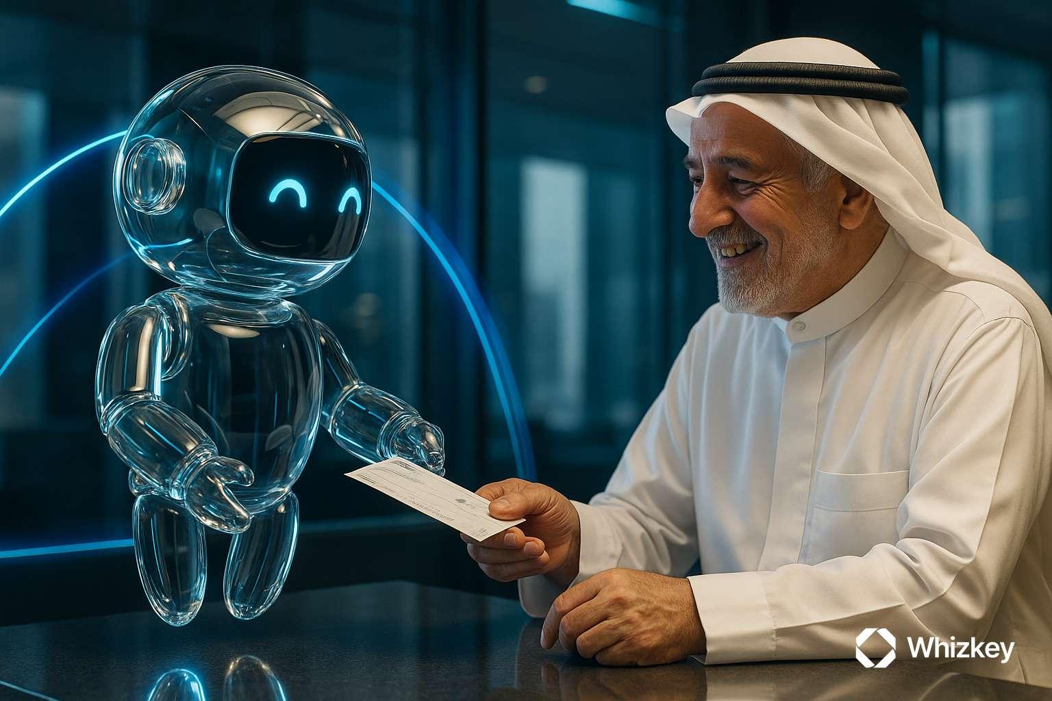 AI chatbot handing cheque to Kuwaiti man at modern bank counter