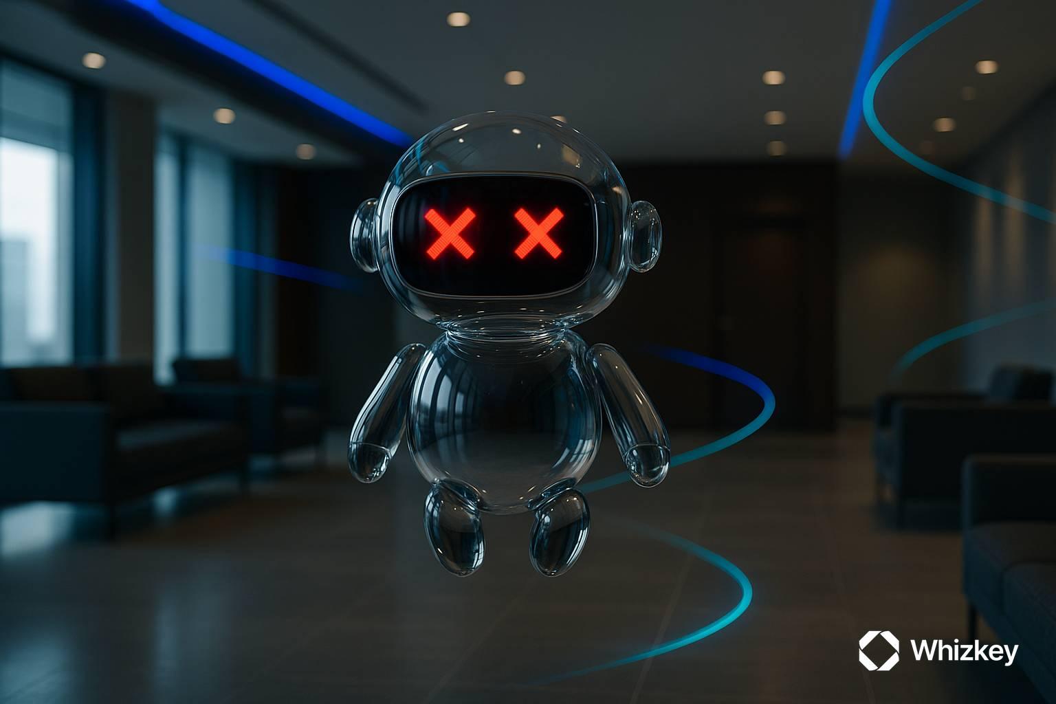 AI chatbot with red X eyes levitating in empty Kuwaiti office lobby
